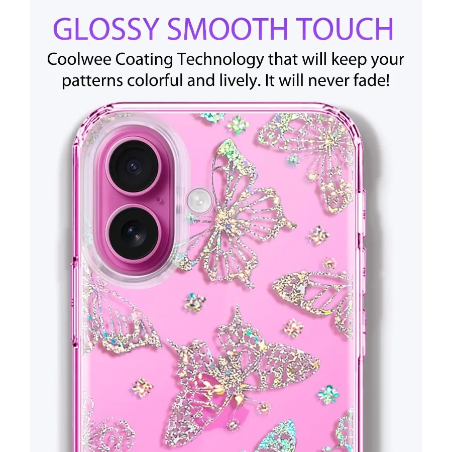 아이폰 16용 투명 글리터 보호 케이스 (스크린 보호필름 포함) 군사 등급 10피트 낙하 방지 디자인 반짝이 크리스탈