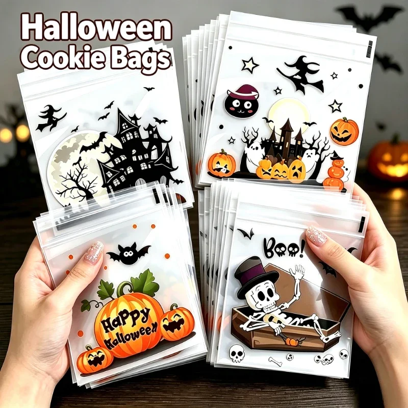 100PCS Mixed Styles Halloween Self‑Adhesive Candy Bags, Skeleton Pumpkin Cookie Treat Bags for Party Snack Gift Storage Pouch