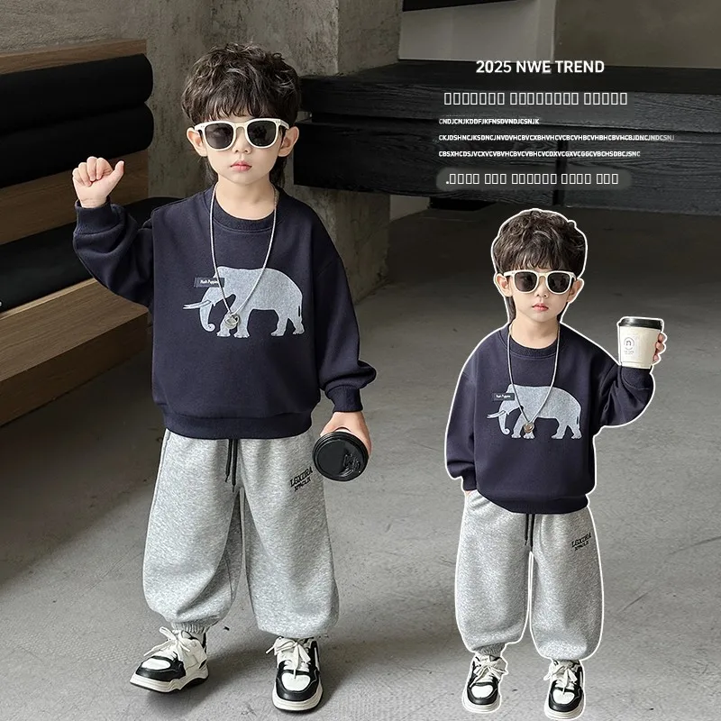 

Faionable Casual Elephant Print Sweatirt Pants Set for Boys Spring Autumn Two Piece Cool Baby Kids Clothing Set