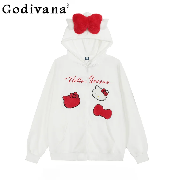 

American Streetwear Fashion Loose Hooded Hoodies Girl Sweet Kawaii Cartoon Print Cute White Hoodies Woman Autumn New Cardigan