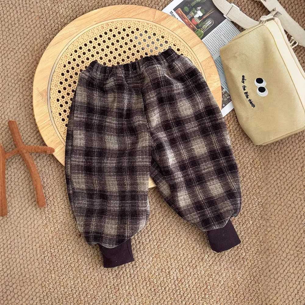 Girls Pants 2024 Winter New Childrens Wear Korean Style Baby Girls Thick Warm Comfortable Thousand Bird Check Pants Casual