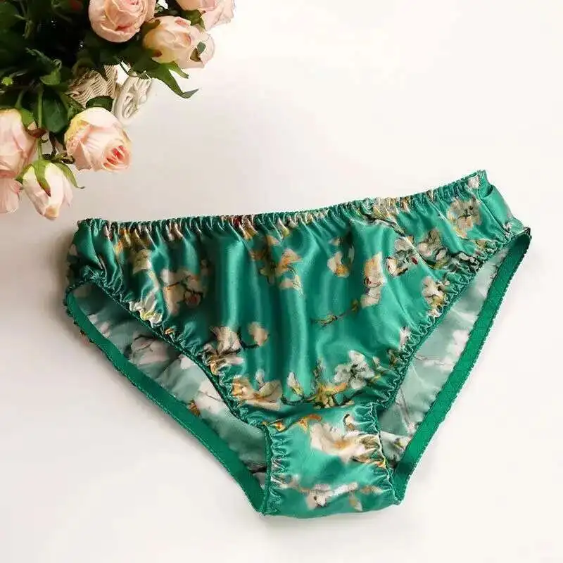 Summer Floral Print Ice Silk Men See Through Lingerie Panties Plus Size Underwear Sexy Medium Waist Briefs