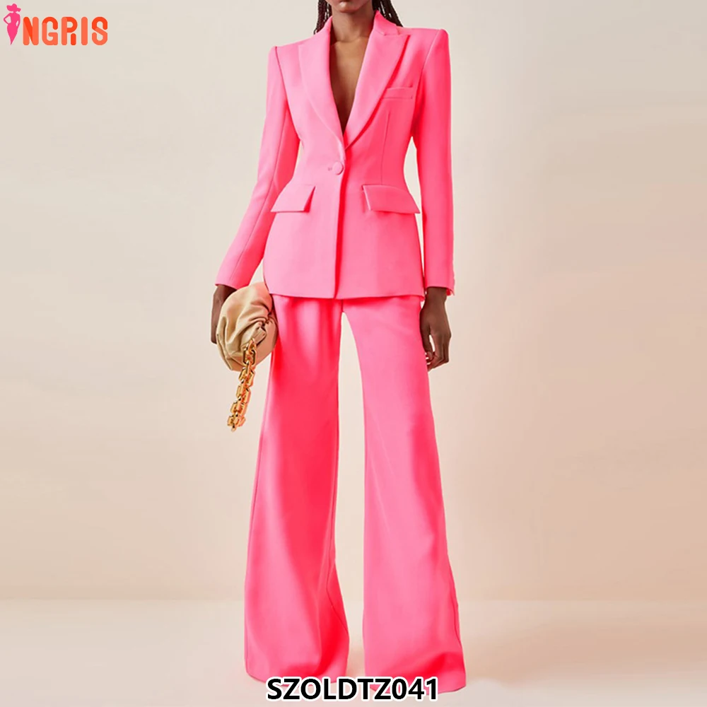 

Women's pink office wear flared pants two piece suit waist tight wide leg pants ladies suit jacket suit-SZOLDTZ041