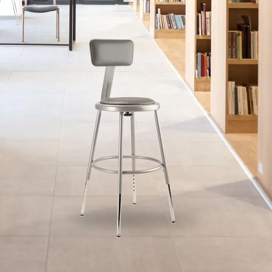 6400 Series Heavy Duty 18 Inch Adjustable Height Steel Stool with Round Seat and Backrest, Grey Frame and Legs