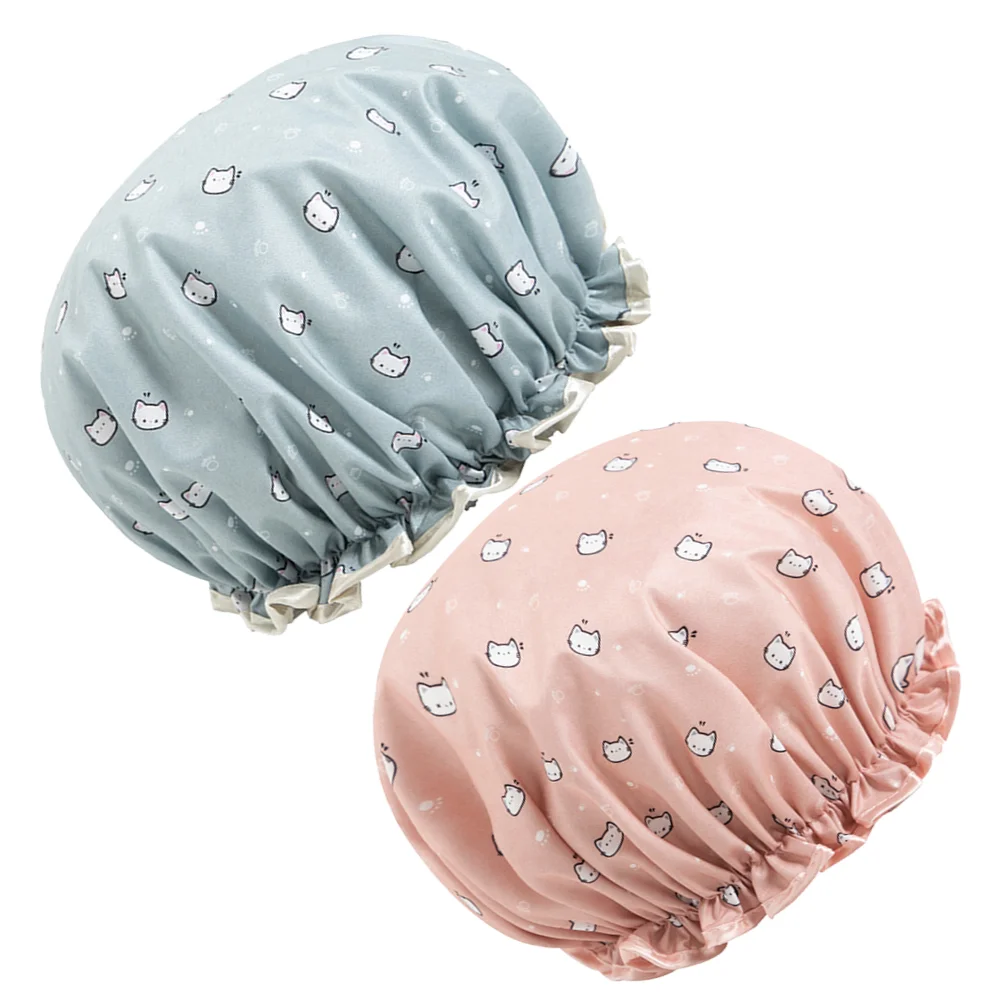 2pcs Double-layer Printed Shower Waterproof Bath Caps Eva Bathing Hat Beauty Caps For Woman ( + Blue Flower)