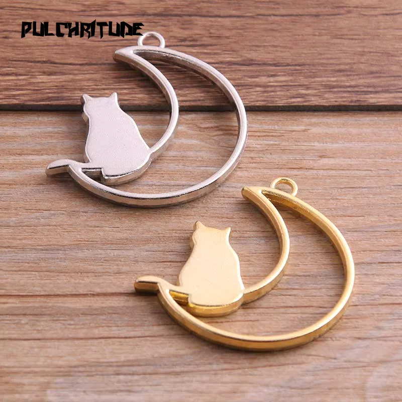 2pcs 35*41mm Three Color Alloy Jewelry Accessories Moon Cat Charm Hollow Glue Blank Pendant Tray Bezel