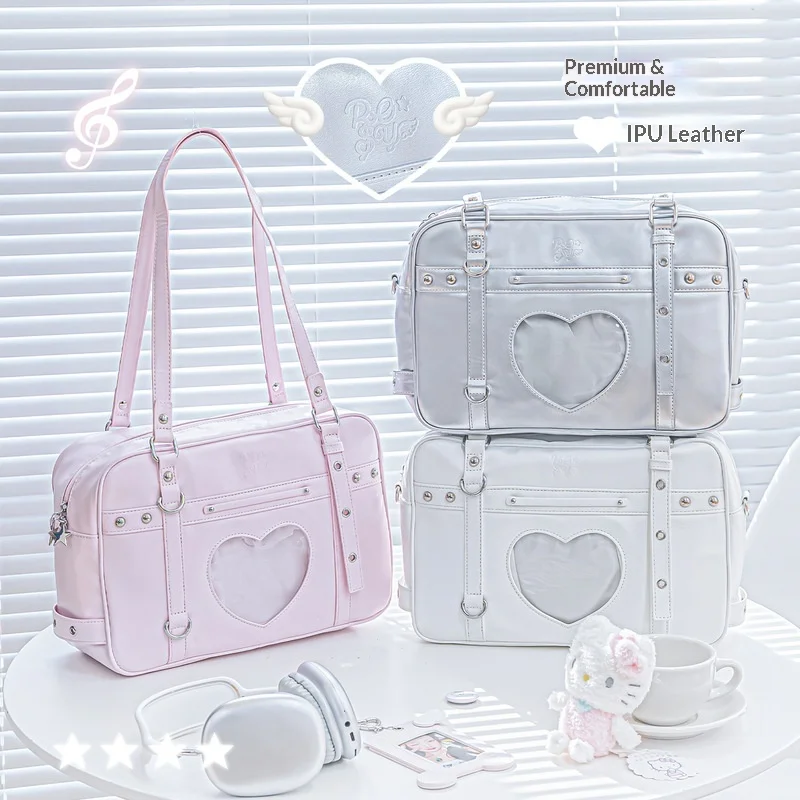 RosyPosy Ita Bag Motorcycle Style Pu Leather Crossbody Handbag Heart Window Display Photocard Diy Korean Fashion For Women Daily - view 4