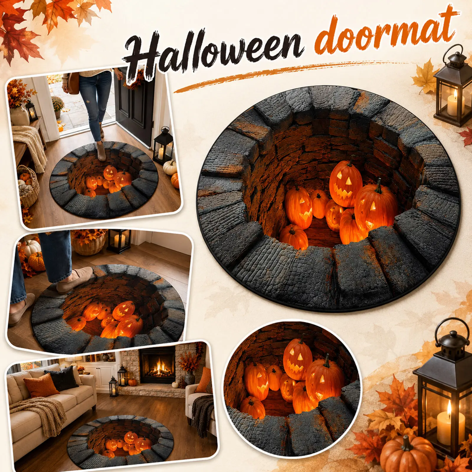 Halloween Round Rug 3D Visual Effect Crystal Velvet Floor Mat Pumpkin Well Pattern Non‑Slip Doormat Indoor Party Decor Carpet