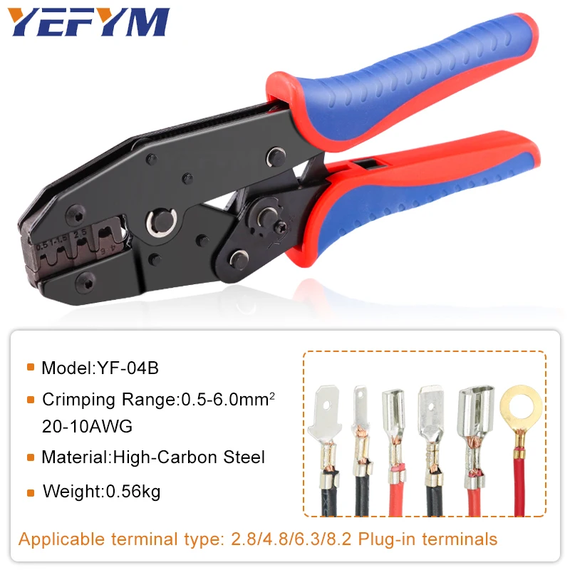 Nou-Insulated Open Barrel Terminals Crimping Tools YF-04B Ratcheting Crimpers Pliers AWG 20-10 (0.5-6mm²) For 2.8/4.8/6.3/431B