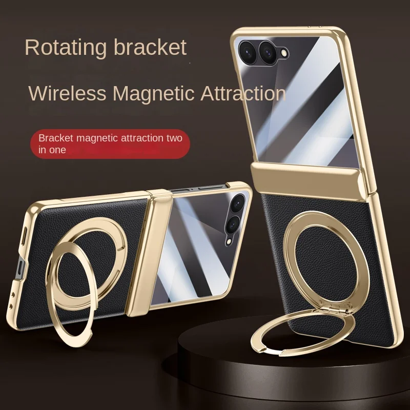 

For Samsung Galaxy Z Flip 7 Case Luxury PU Leather Ring Stand Magnetic wireless charging Protective Back Cover For Z Flip7 Shell