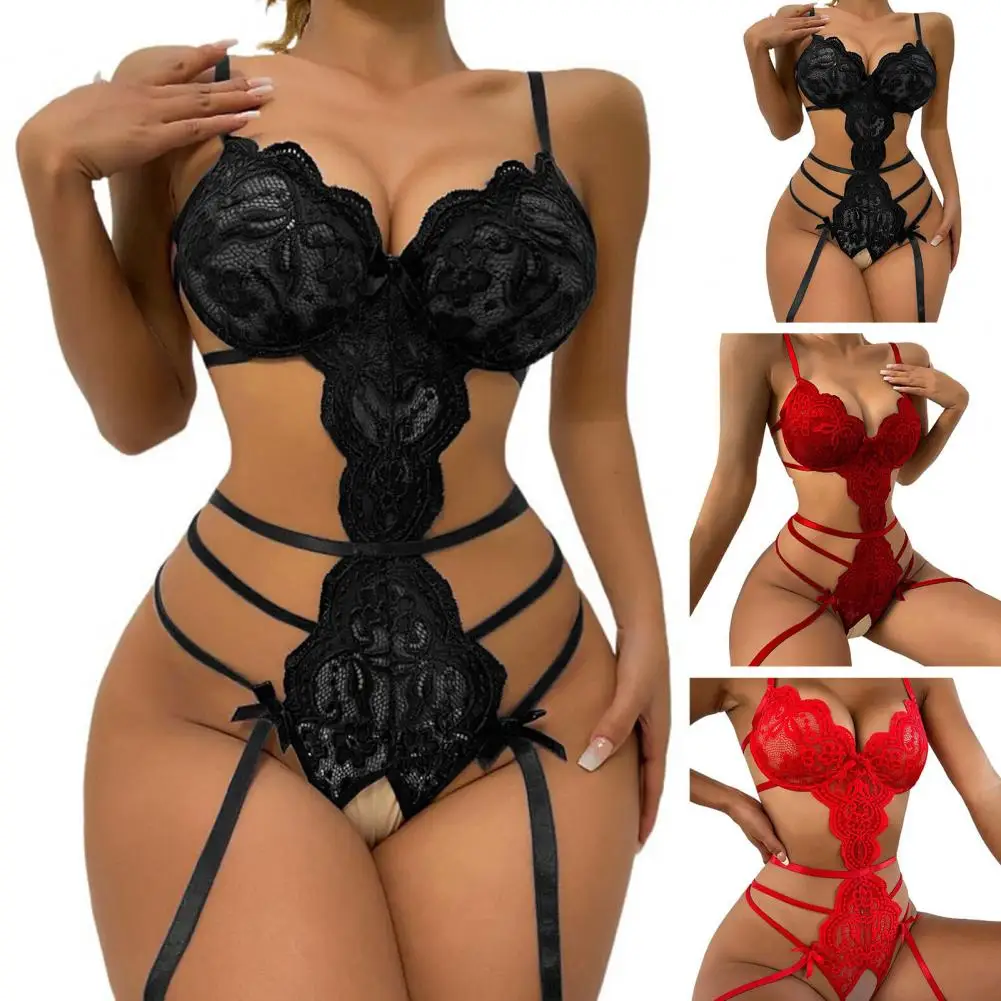 Sexy Lingerie Halter Bra Set Women Open Solid Mesh Lace Patchwork Chemises Underwear Set With Garter Belts Hot Erotic Costumes