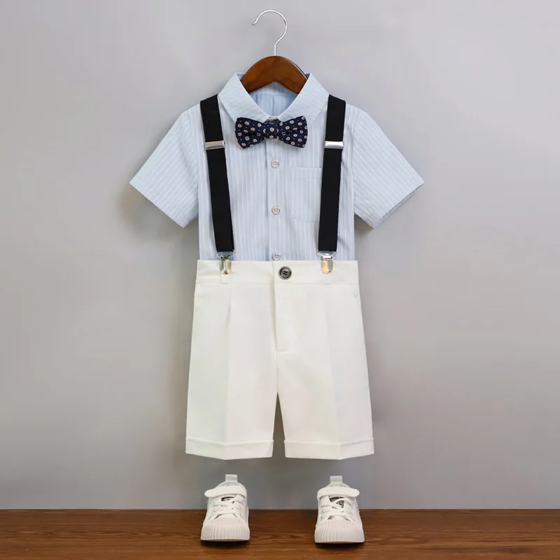School Kids Breathable Shirt Shorts Strap Bowtie 4Pieces Clothes Set Boys Wedding Dress Children Graduation Photography Suit