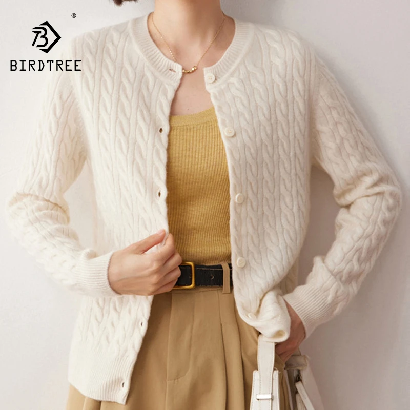 

BirdTree, 35% Cashmere 65% Wool Elegant Sweater， Round Neck Button Up Cardigan, Loose Casual Sweater,2024 Autumn/winter T48917KS