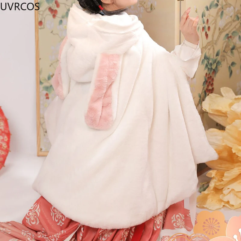 Autumn Winter Sweet Lolita Women Hooded Cloak Victorian Gothic Warm Thick Hanfu Bunny Ear Poncho Kawaii Girls Short Shawl Capes