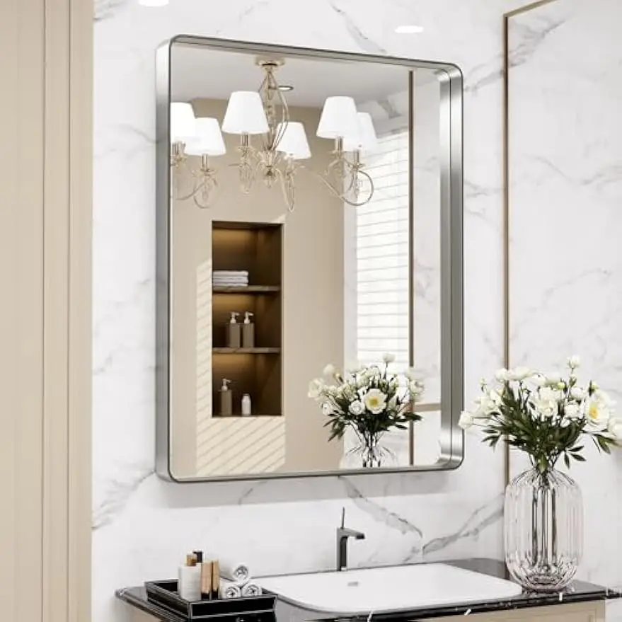 

Зеркало для ванной комнаты из матового никеля 24x30 дюймов, антикоррозийная небьющаяся рама, горизонтальная или вертикальная подвеска