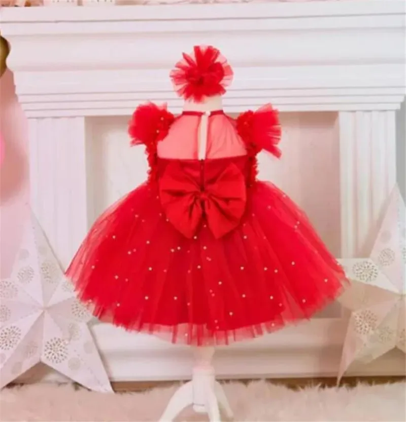 

Red Puffy Flower Girl Dresses Cute Baby Girl Dress Tulle Pearls Kid Tutu Birthday Party Gown First Celebration Christmas Dress