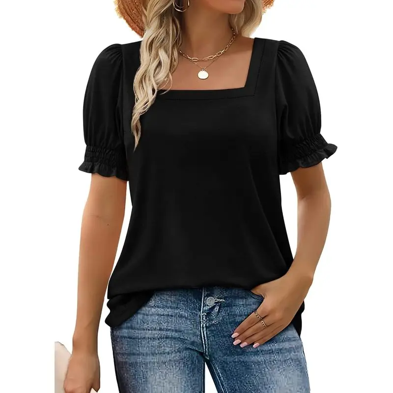 Tops Women Summer Casual Ruffle Trim Sleeve Square Neck Shirts