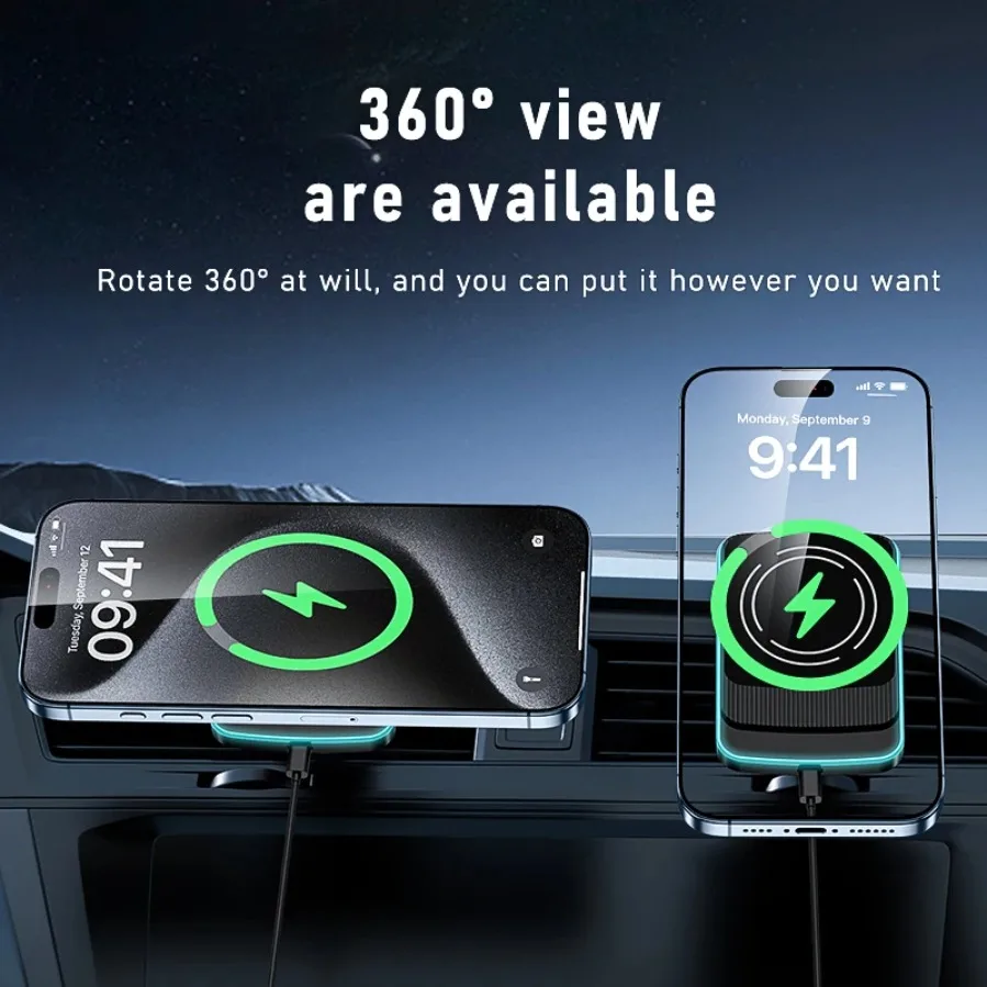 

Автомобильный держатель для телефона с вентиляционным отверстием, магнитное беспроводное зарядное устройство, светодиодная подсветка для Magsafe iPhone 17 ~ 12 Pro Max, станция быстрой зарядки Samsung