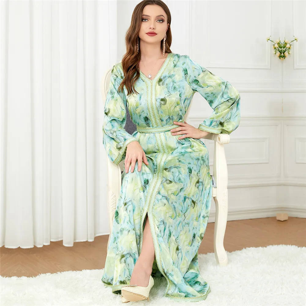 

Elegant Muslim Women Abaya Eid Ramadan Maxi Dress Flower Print Turkey Arabic Kaftan Morocco Jalabiya Caftan Islamic Party Gown