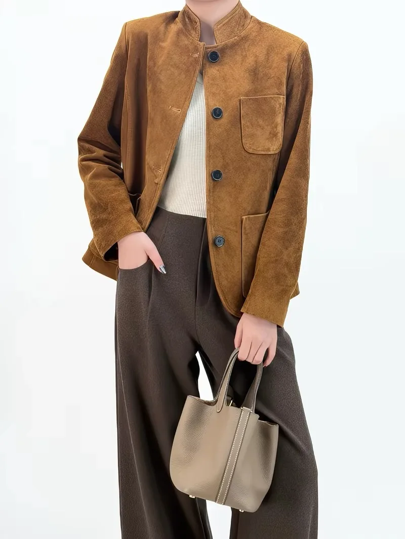 

Retro Suede Leather Sheepskin Bomber Jacket for Women Spring Dame Vintage Stand Collar Elastic Waist Short Coat Chic Veste Femme