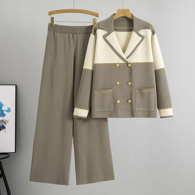 

Chic Notch Lapel Suit Set Women 2025 Spring Fall Colorblock Double Breasted Knit Top Wide Leg Pants Two Piece Outfit
