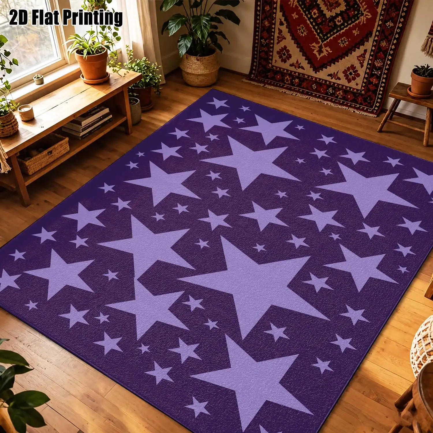 1Pc 2D Printed Purple Star Pattern Nordic/Bohemian Geometric Striped Carpet, Instagram-Inspired Floor Mat, Multi-Size, Machine Washable, for Entrance, Living Room, Bedroom, Dining Room, Study Home Decoration