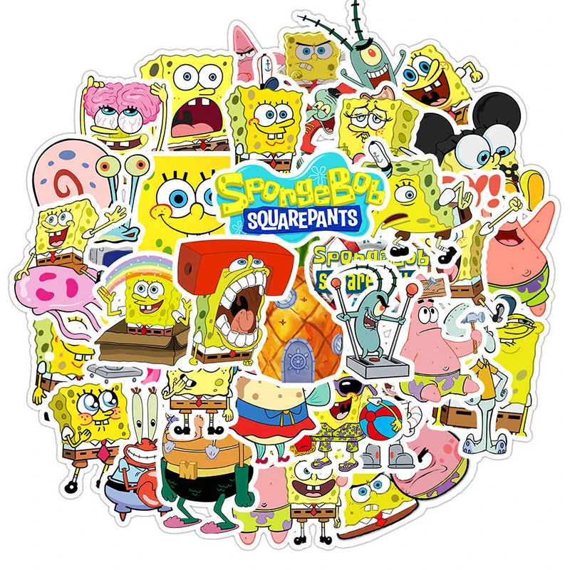 Pegatinas de Bob Esponja de Anime para niños, 50 piezas, dibujos animados Kawaii, ordenador portátil, teléfono, guitarra, monopatín, decoración,