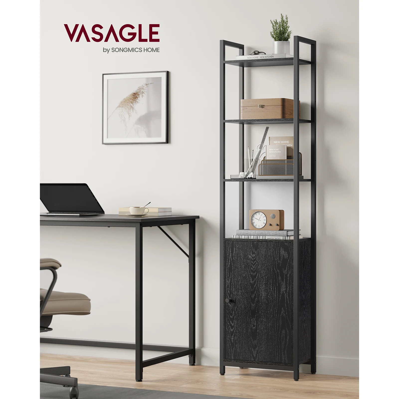 VASAGLE 6-Tier Tall Bookcase with Door. Metal Frame. Adjustable Shelves. 24 x 40 x 159.5 cm. Living Room, Bedroom.