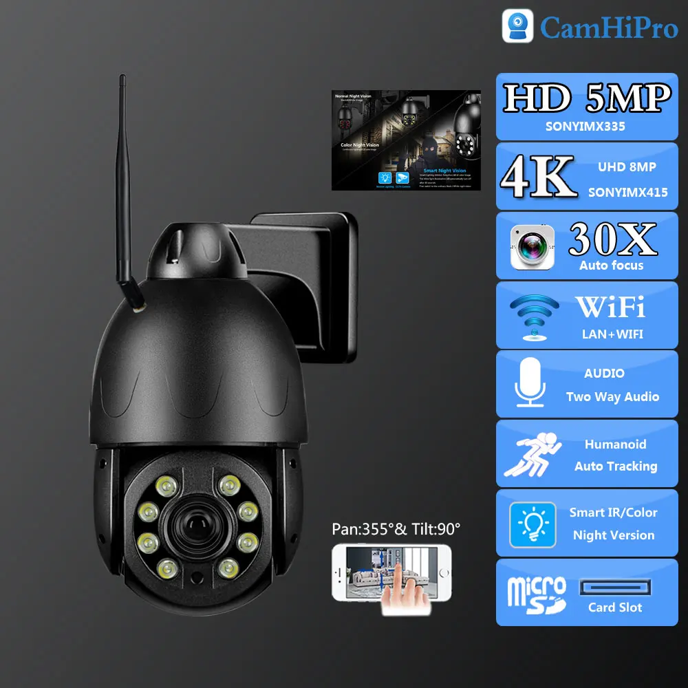 

Camhi 4K 8MP Беспроводное охранное наблюдение Wi-Fi PTZ Купольный 5MP 30X Автоматический зум Двустороннее аудио Отслеживание человека ИК-цветная ночная версия