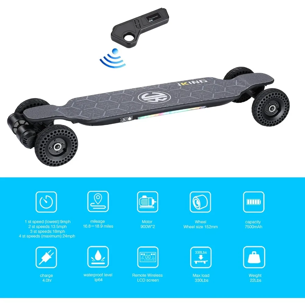 Electric Skateboard Electric Longboard with Remote Control Skateboard,1800W Dual Brushless Motor,24 MPH Top Speed，18.6 Miles