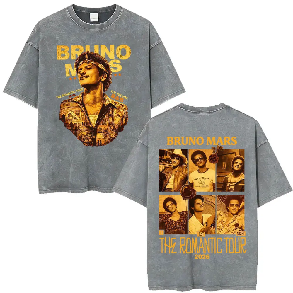 Bruno Mars Romantic Tour 2026 Concert Vintage Washed Tee Shirt Men's Women Fashion Hip Hop T-shirt Summer Tops Oversized T Shirt