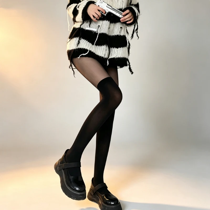 Fashion Spliced Tights Slim Comfortable Elastic Pantyhose Black Ultra Thin Translucent Tights Streetwear High Waist Stockings