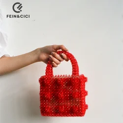 bead bag luxury designer brand Acrylic crystal clear pearl beaded box tote bag women party bucket handbag red summer vintage