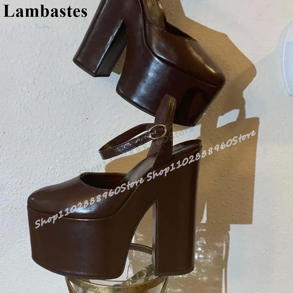

Black Leather Platform Covered Toe Sandals Chunky High Heel Women Shoes Ankle Buckle Strap Round Toe Banquet Casual Sandals