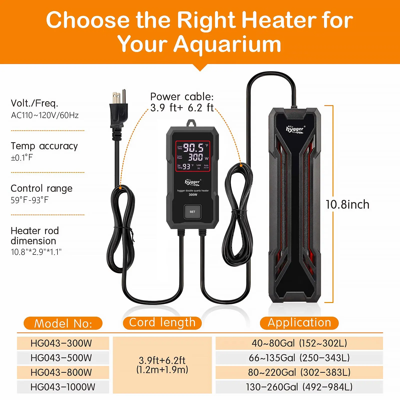 hygger Quartz Aquarium  Heater with Digital LED Controller