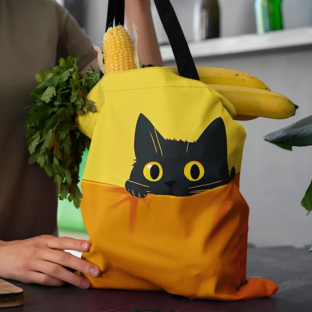 حقيبة حمل من البوليستر بتصميم قطة سوداء أنيقة قطعة واحدة - أصفر نابض بالحياة وبرتقالي، حقيبة تسوق كاجوال على الكتف #3