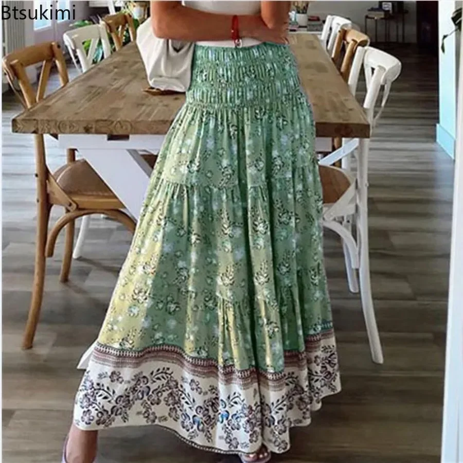 Boho Style Print Maxi Skirt Women's Summer Vintage Big Hem High Waist Skirt Trend Casual Versatile A-line Beach Long Skirt Femme