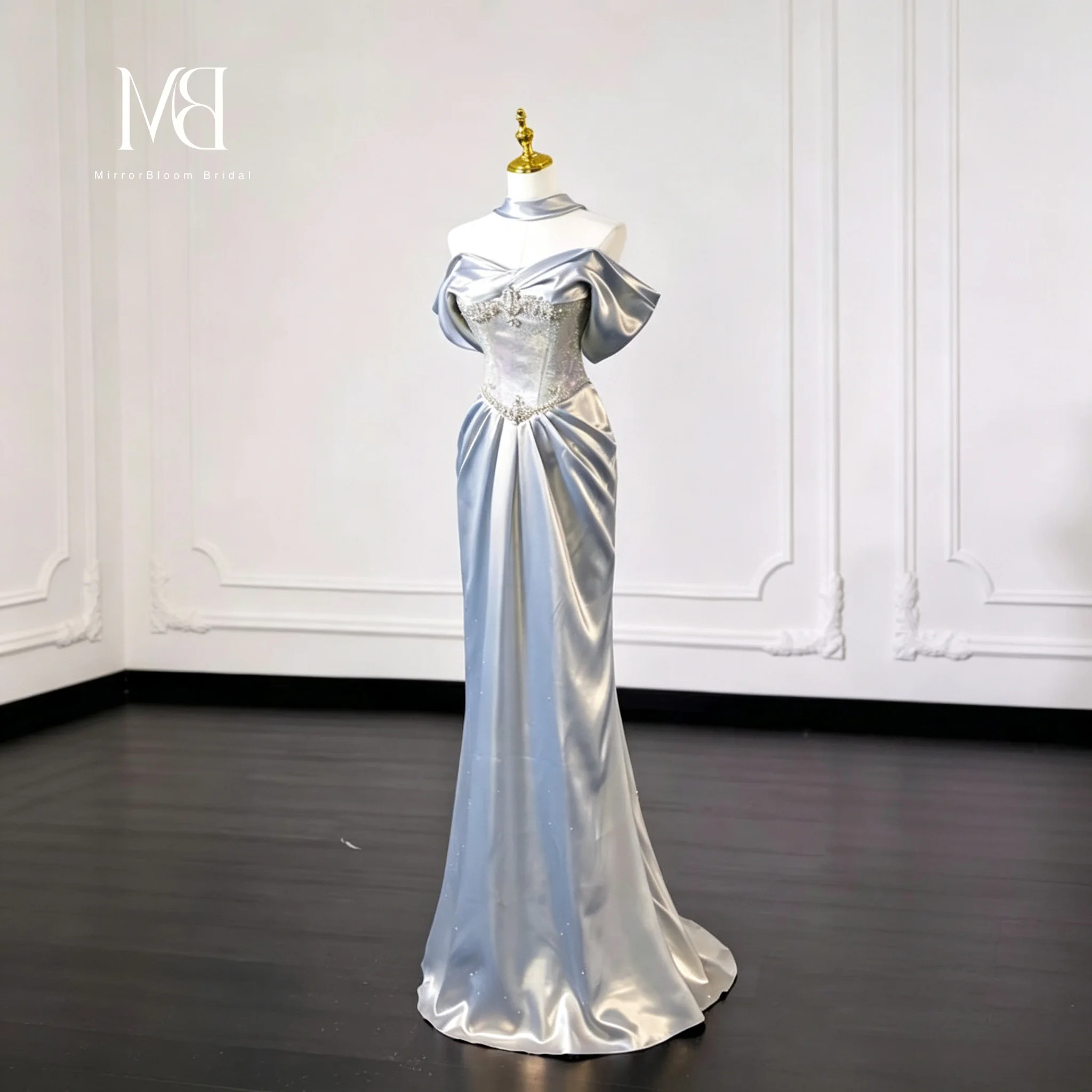 Blue cardigan strapless sleeveless fish tail floor-length formal occasion ball gown with embroidered sequins