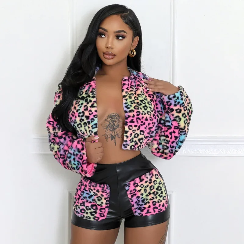 PU Leather Patchwork Leopard Faux Fur 2 Piece Set Women Fashion Long Sleeve Open Stitch Coat Crop Top + Shorts Fashion Suits