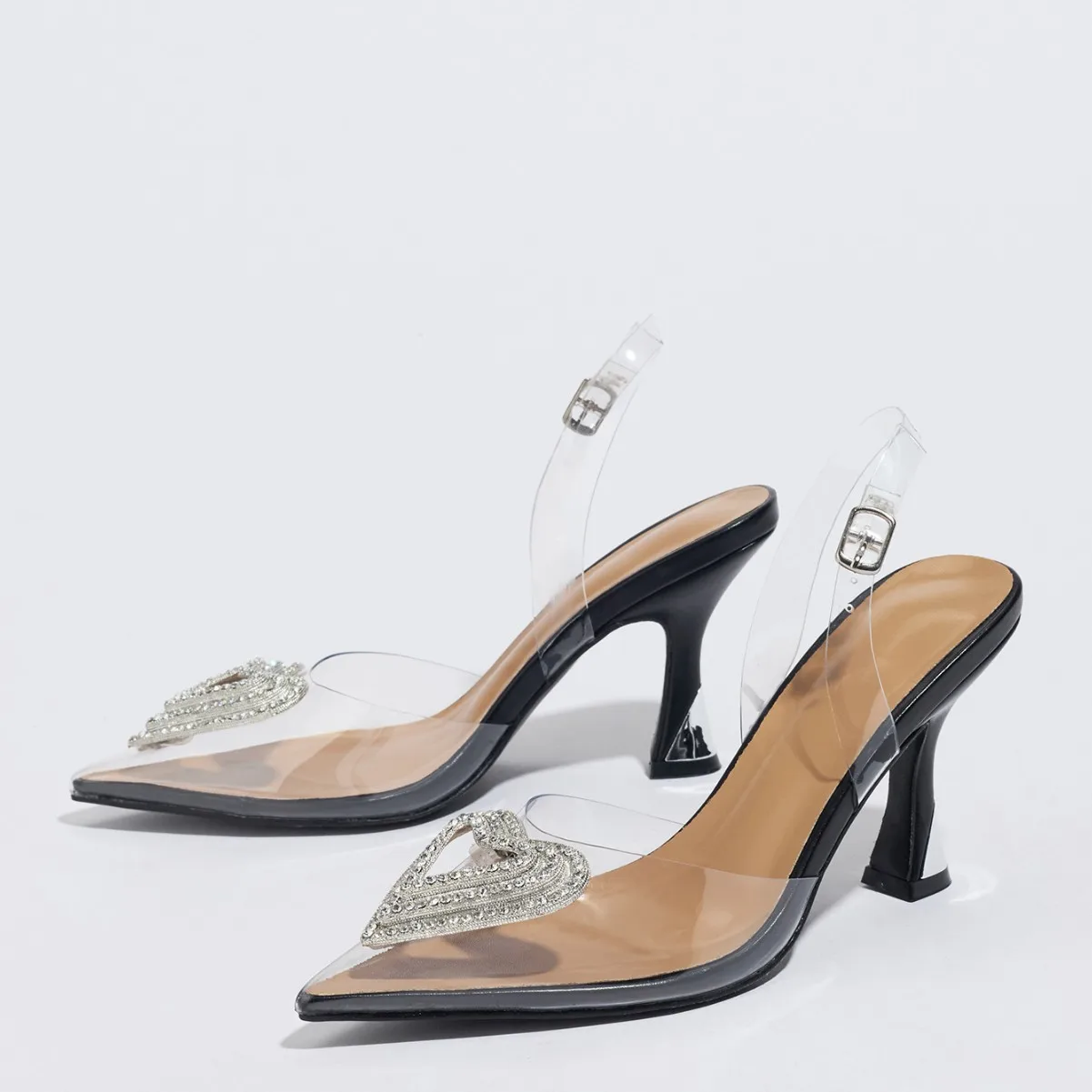 

Fashion Rhinestone Heart-shaped Transparent High Heels Shoes Woman Sexy Summer Exposed Heels Pointed High-heeled Women's Sandals