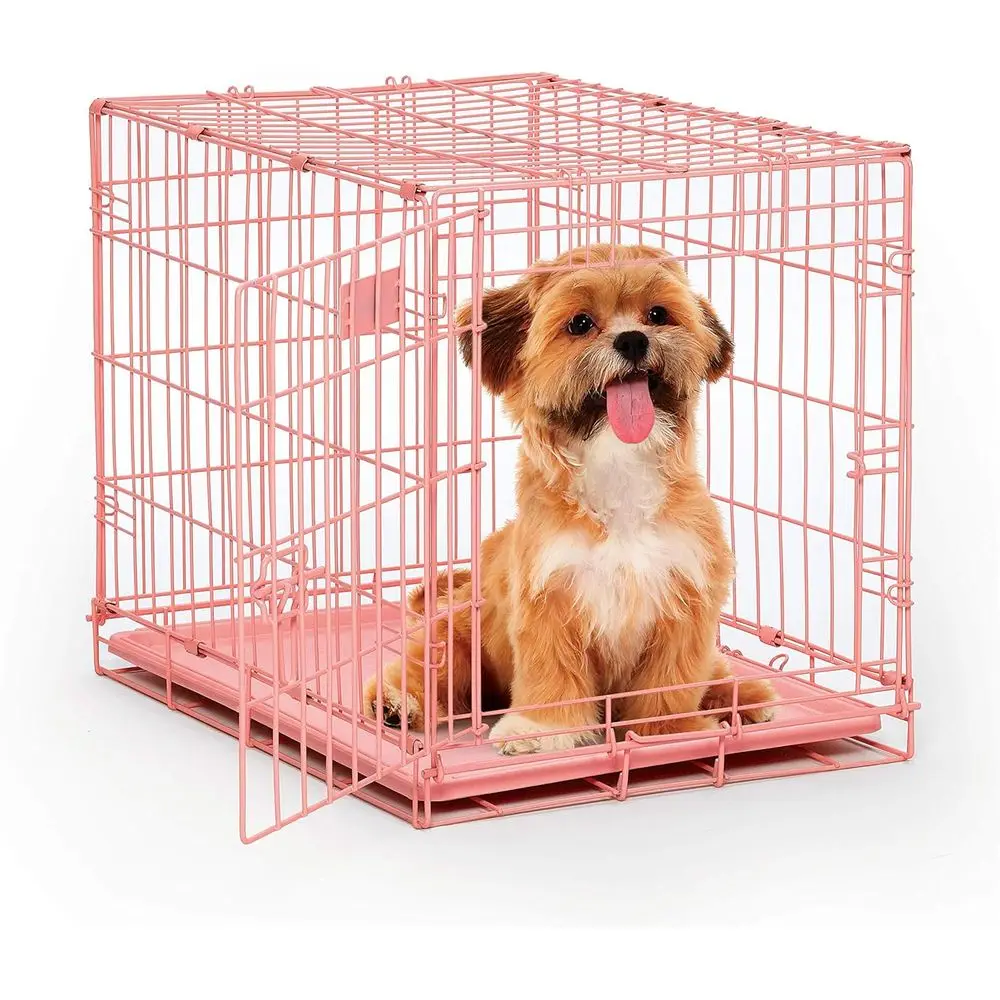 

24-Inch Pink Single Door Folding Dog Crate, Enhanced Security, Includes Leak-Proof Pan, Divider Panel, Handle, Rubber Feet