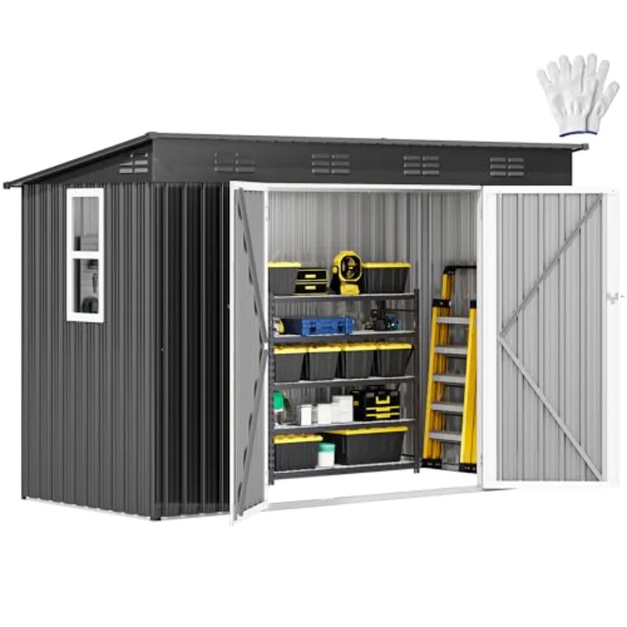 Outdoor storage shed: 9x4ft metal, dark gray, weather-resistant steel with window and lockable door, sloped roof design for bac