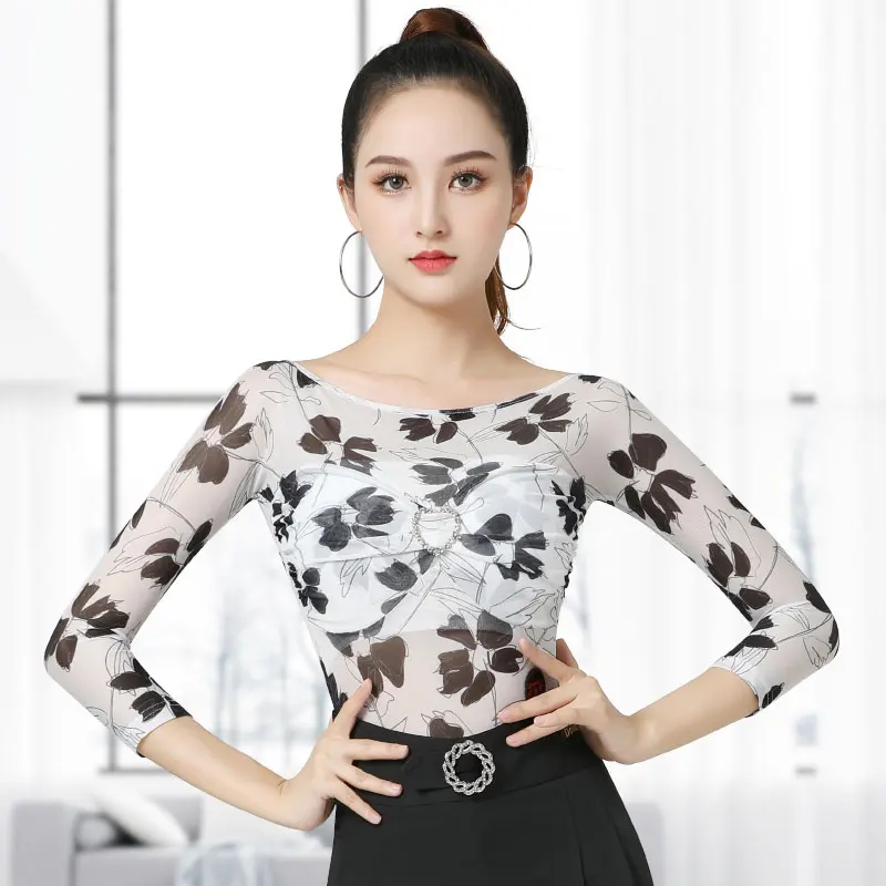 Ballroom Latin Dance Tops New Mesh Printing Leopard  High-end Adult Costumes International Standard Modern Dance Clothes