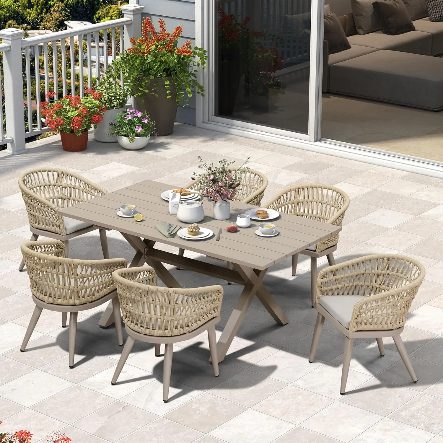 

7-Piece Outdoor Dining Set All Day PE Rattan Outdoor Patio Furniture Set, Full Aluminium Frame, Champagne