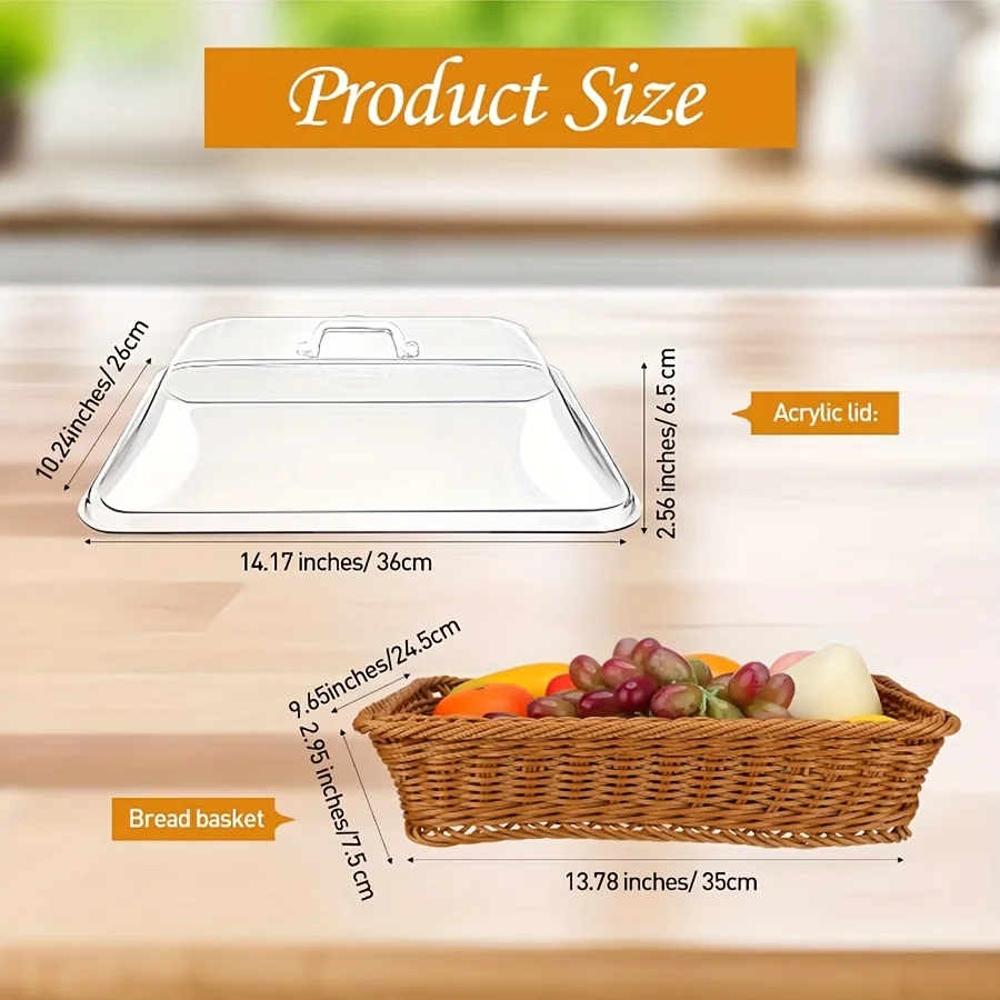 سلة خبز الروطان المعاصرة مع غطاء قبة أكريليك، صينية تقديم خوص متعددة الأغراض، متينة وقابلة للغسل، للحلويات والفواكه #2