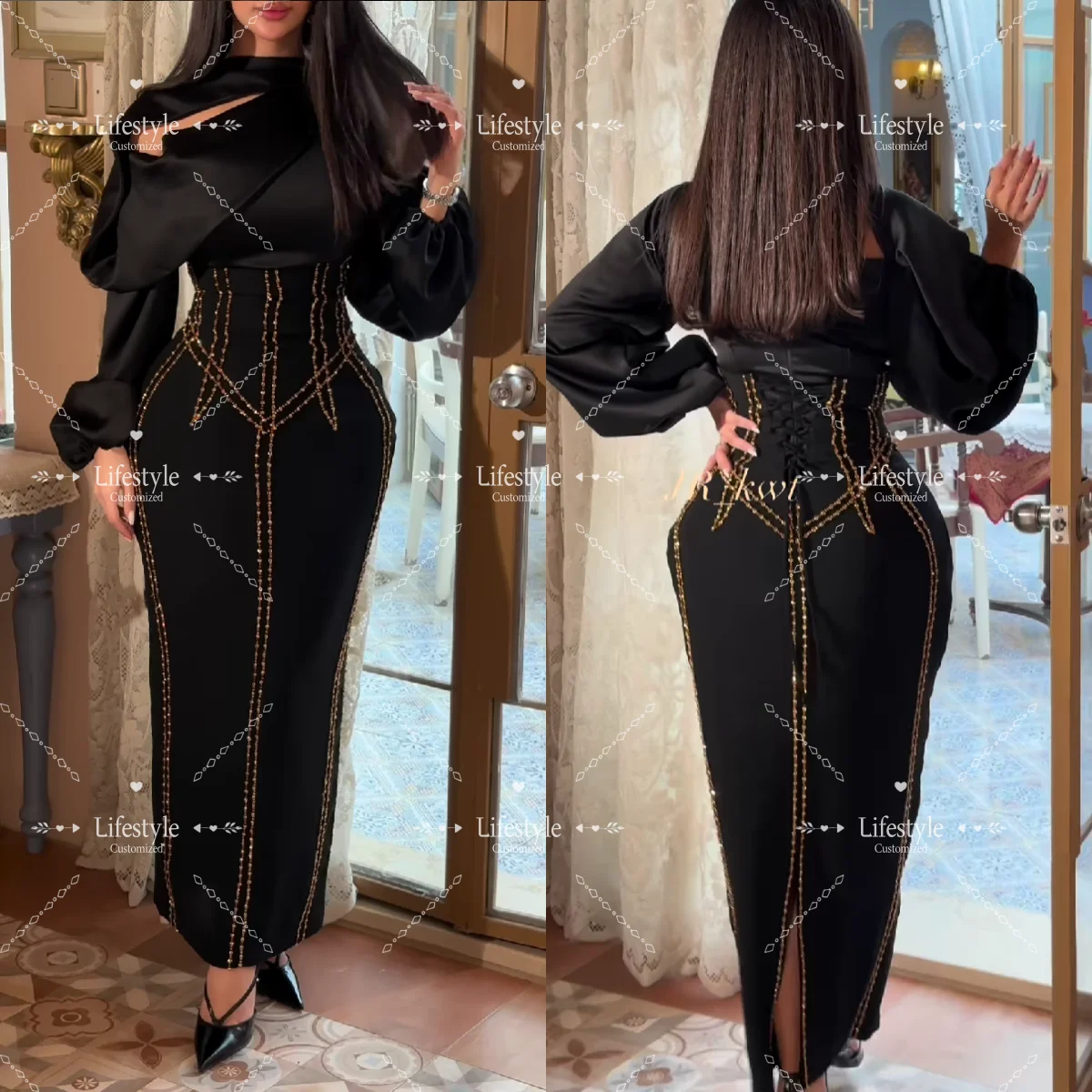 

Роскошные черные вечерние платья по индивидуальному заказу с золотыми бусинами и блестками из атласного трикотажа, свадебные миди, элегантные вечерние платья с длинными рукавами