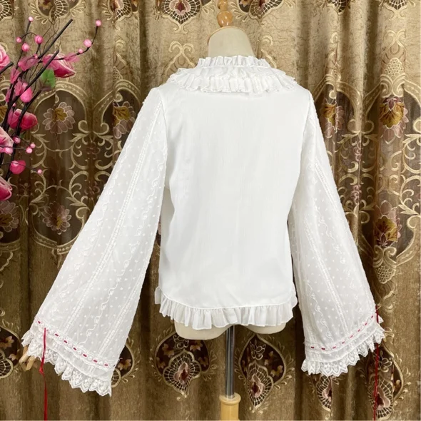 Japanese Style Lace Patchwork Ruffled Stand-up Collar Bow Drawstring Flared Long Sleeve Sweet Cute Lolita Inner Shirt for Women