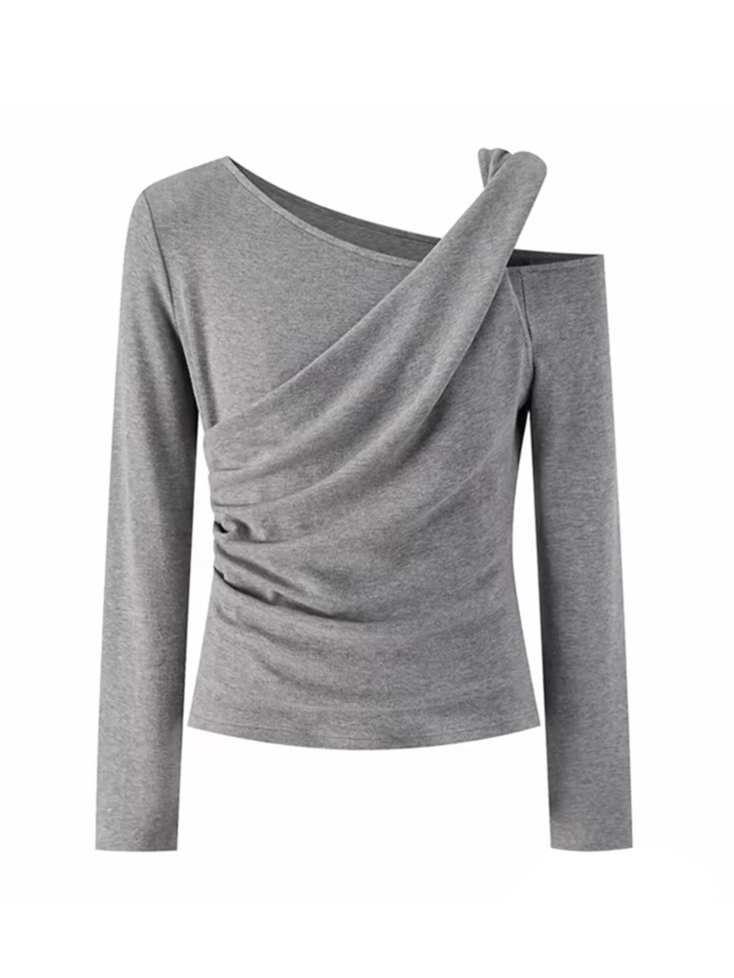

Women Grey T-shirt Harajuku Y2k Gyaru Solid Color Tee Top 2000s Vintage Off Shoulder Long Sleeve Oversize T-shirts Autum Clothes