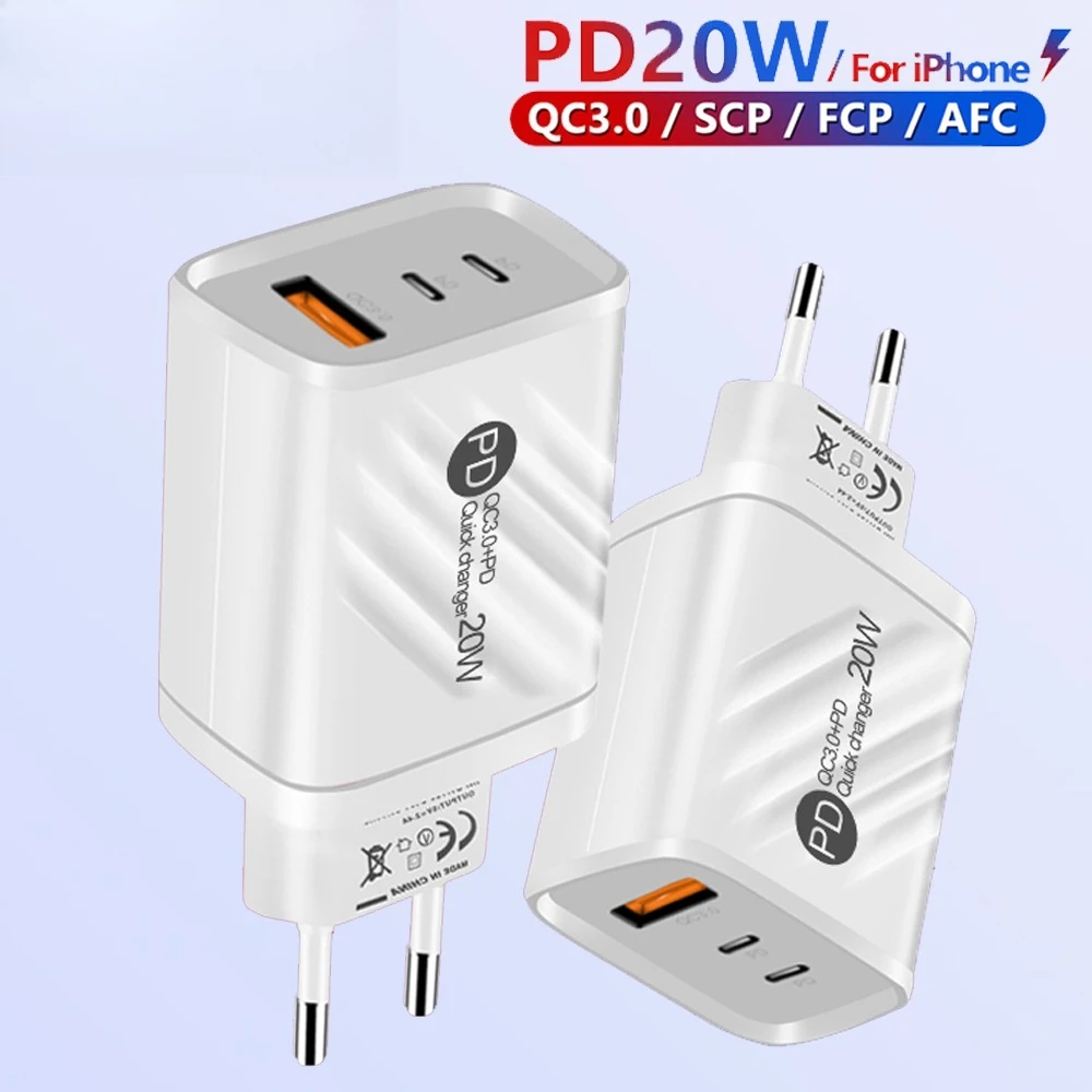 PD 20W Multi Ports Wall Charger 3 In 1 USB Type C Fast Charging Adapter EU US UK Plug Portable Quick Charger For iPhone Samsung