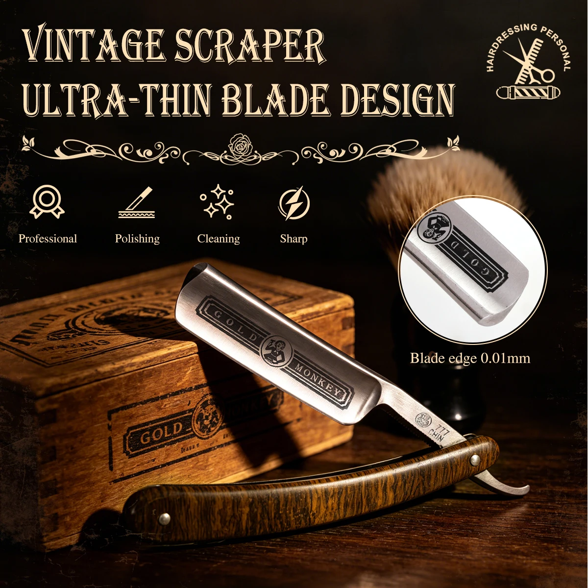 

Gold Monkey Vintage Straight Razor,Professional Ultra-Thin Blade Folding Shaving Knife With Wooden Handle Knife For Barber Salon